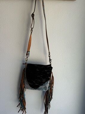 Fringe Accent Crossbody Bag with Black Flap